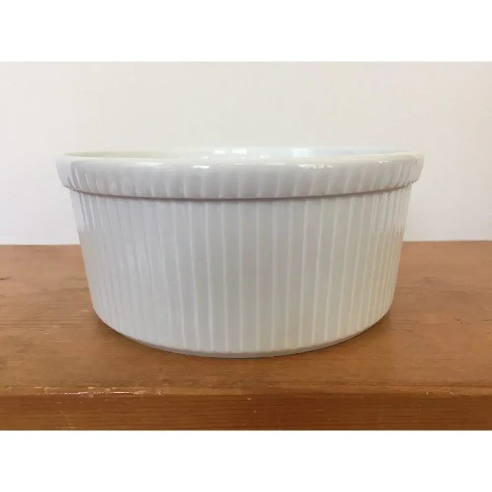 Vintage Apilco France Whiteware Ribbed Porcelain Ramekin Souffle Large Dish 7.5